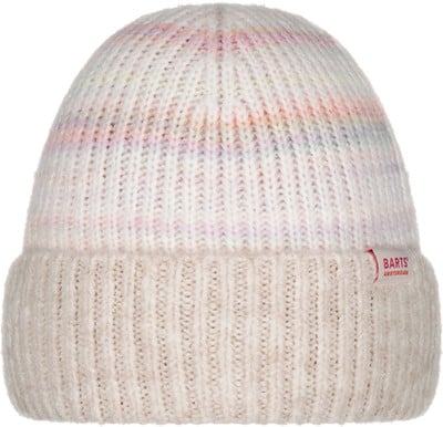 Beige Strickmütze mit bunten Streifen und Markenlogo.