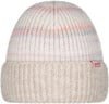 Beige Strickmütze mit bunten Streifen und Markenlogo.