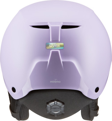 Lila Skihelm mit Uvex-Logo und Aufschrift minim Lila Skihelm mit Uvex-Logo und Aufschrift minim