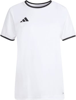 Weißes Adidas T-Shirt mit schwarzer Paspel und Logo.