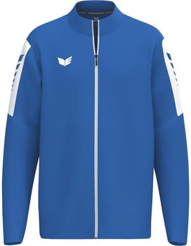 Blaue Jacke mit weißem Logo und Streifen an den Ärmeln.