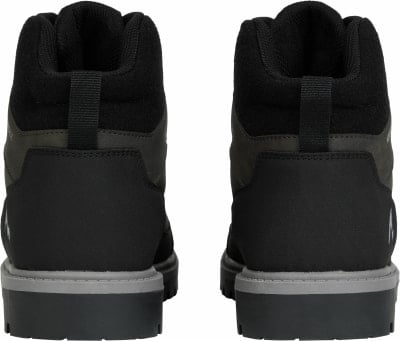 Rückansicht von schwarzen Knöchelschuhen mit grauer Sohle. Rückansicht von schwarzen Knöchelschuhen mit grauer Sohle.