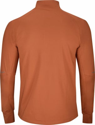 Rückansicht eines orangefarbenen Langarm-Pullover-Oberteils mit Stehkragen. Rückansicht eines orangefarbenen Langarm-Pullover-Oberteils mit Stehkragen.