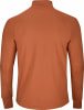 Rückansicht eines orangefarbenen Langarm-Pullover-Oberteils mit Stehkragen.
