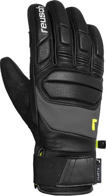Schwarze Skihandschuhe von Reusch mit gelben Akzenten und Riemen.
