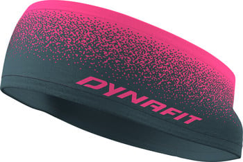 Eine pinke und dunkelblaue Dynafit-Stirnband mit einem Punktgradientenmuster.