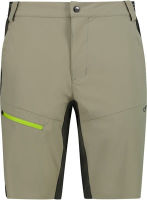 Herren-Shorts in Beige mit dunklen Seitenteilen und reflektierendem Reißverschluss. Herren-Shorts in Beige mit dunklen Seitenteilen und reflektierendem Reißverschluss.