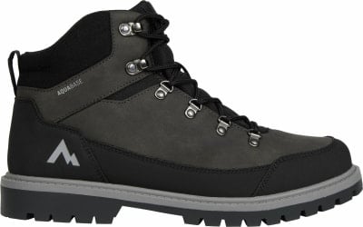 Grauer Knöchelschuh mit schwarzen Schnürsenkeln und einem Berg-Logo. Grauer Knöchelschuh mit schwarzen Schnürsenkeln und einem Berg-Logo.