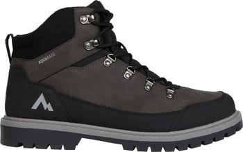 Grauer Knöchelschuh mit schwarzen Schnürsenkeln und einem Berg-Logo.