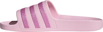 Rosa Adidas Slides mit glitzernden Streifen für Damen. Rosa Adidas Slides mit glitzernden Streifen für Damen.