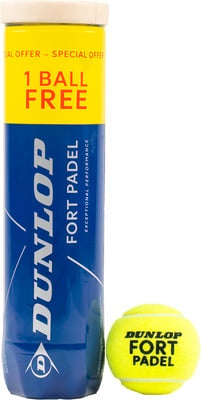 Gelbe Dose Dunlop Fort Padel Tennisbälle mit Aufschrift 1 Ball gratis.