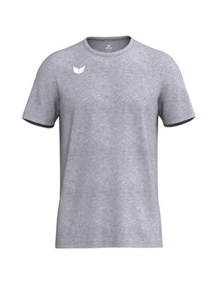 Graues T-Shirt mit kurzen Ärmeln und weißem Logo auf der Brust. Graues T-Shirt mit kurzen Ärmeln und weißem Logo auf der Brust.