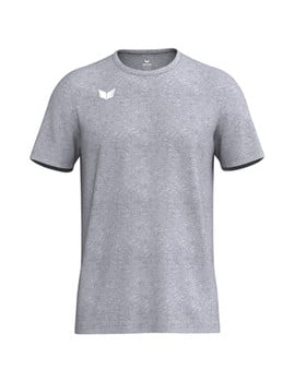 Graues T-Shirt mit kurzen Ärmeln und weißem Logo auf der Brust.