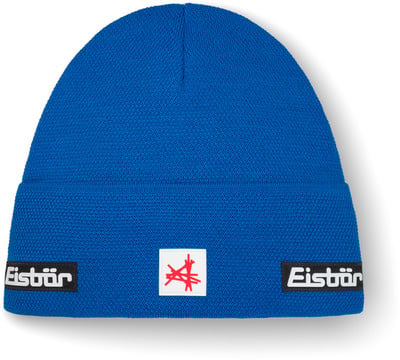 Blaue Strickmütze mit Eistbar-Logo und rotem Symbol.