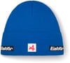 Blaue Strickmütze mit Eistbar-Logo und rotem Symbol.