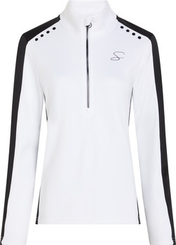 Weißes Langarmshirt mit schwarzen Streifen an den Seiten und Schultern.