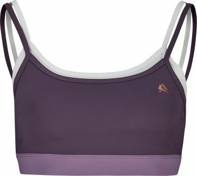 Lila Sport-BH mit weißen Trägern und Logo.