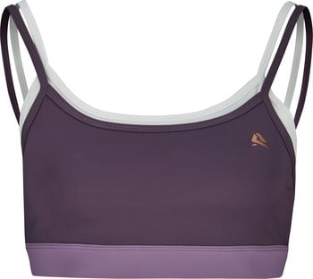 Lila Sport-BH mit weißen Trägern und Logo.
