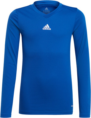 Ein blaues Adidas-Langarmshirt mit Logo auf der Brust. Ein blaues Adidas-Langarmshirt mit Logo auf der Brust.