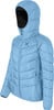 Leichte, pastellblaue Daunenjacke mit Kapuze und Logo auf der Brust.