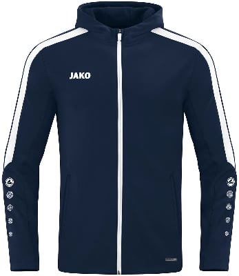 Dunkelblaue JAKO Jacke mit weißen Streifen und Logo, mit Kapuze.