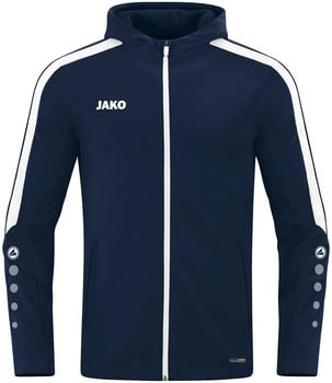 Dunkelblaue JAKO Jacke mit weißen Streifen und Logo, mit Kapuze.
