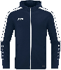 Dunkelblaue JAKO Jacke mit weißen Streifen und Logo, mit Kapuze.