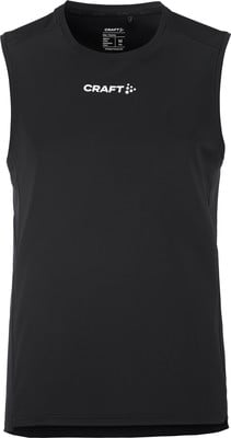 Schwarzes Craft Tanktop für Herren mit Logo auf der Brust und Schulterdetails. Schwarzes Craft Tanktop für Herren mit Logo auf der Brust und Schulterdetails.