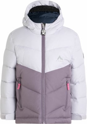 Detská páperová bunda McKinley s kapucňou vo svetlofialovej a sivej farbe so zipsom a logom. Detská páperová bunda McKinley s kapucňou vo svetlofialovej a sivej farbe so zipsom a logom.