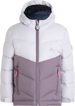 Detská páperová bunda McKinley s kapucňou vo svetlofialovej a sivej farbe so zipsom a logom.
