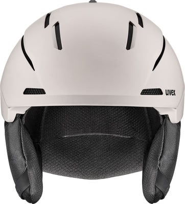 Weißer Skihelm mit schwarzen Details und Uvex-Logo. Weißer Skihelm mit schwarzen Details und Uvex-Logo.