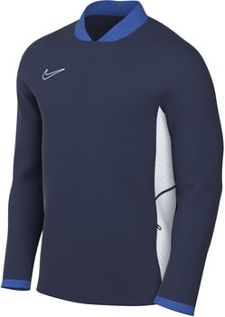 Dunkelblaue Jacke mit weißem Nike-Logo und blauem Kragen.