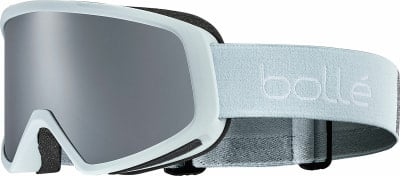 Eine Skibrille mit weißem Rahmen und verspiegelter grauer Linse. Eine Skibrille mit weißem Rahmen und verspiegelter grauer Linse.