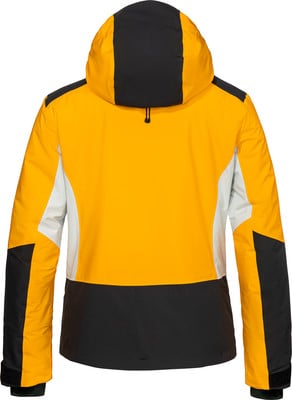 Gelbe Skijacke mit schwarzen und grauen Einsätzen und Kapuze.