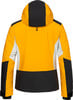 Gelbe Skijacke mit schwarzen und grauen Einsätzen und Kapuze.