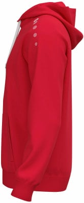 Ein roter Kapuzenpullover mit weißer Kordel und Punkten auf der Schulter. Ein roter Kapuzenpullover mit weißer Kordel und Punkten auf der Schulter.