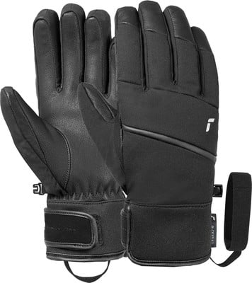 Schwarze Skihandschuhe mit Lederhandflächen und Markenlogo. Schwarze Skihandschuhe mit Lederhandflächen und Markenlogo.