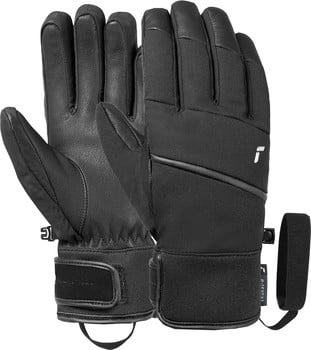 Schwarze Skihandschuhe mit Lederhandflächen und Markenlogo.