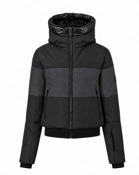 Schwarze Winterjacke mit Kapuze und Farbblöcken, Reißverschluss.