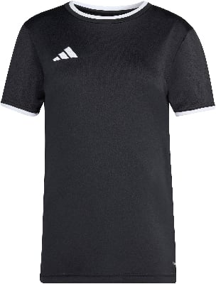 Schwarzes T-Shirt mit kurzen Ärmeln, weißem Kragen und Adidas-Logo. Schwarzes T-Shirt mit kurzen Ärmeln, weißem Kragen und Adidas-Logo.