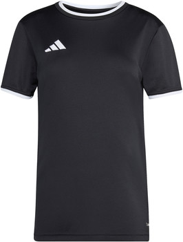 Schwarzes T-Shirt mit kurzen Ärmeln, weißem Kragen und Adidas-Logo.