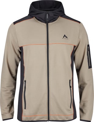 Herren-Fleecejacke in Beige mit Kapuze, schwarzen Akzenten und orangefarbenen Nähten.