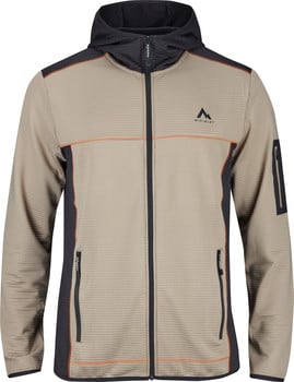 Herren-Fleecejacke in Beige mit Kapuze, schwarzen Akzenten und orangefarbenen Nähten.