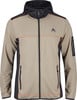 Herren-Fleecejacke in Beige mit Kapuze, schwarzen Akzenten und orangefarbenen Nähten.