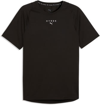 Schwarzes Puma-T-Shirt mit Hyrox- und Puma-Logo, atmungsaktives Material.