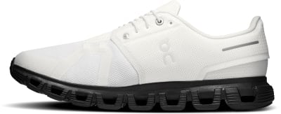Weiße Laufschuhe mit schwarzer Sohle und ON-Logo. Weiße Laufschuhe mit schwarzer Sohle und ON-Logo.