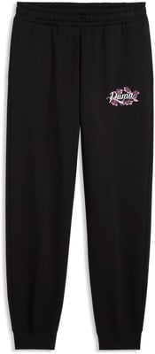 Schwarze Jogginghose mit rosa Blumen-Logo von Puma am linken Bein. Schwarze Jogginghose mit rosa Blumen-Logo von Puma am linken Bein.