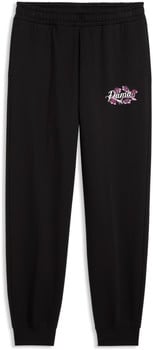 Schwarze Jogginghose mit rosa Blumen-Logo von Puma am linken Bein.