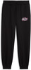 Schwarze Jogginghose mit rosa Blumen-Logo von Puma am linken Bein.