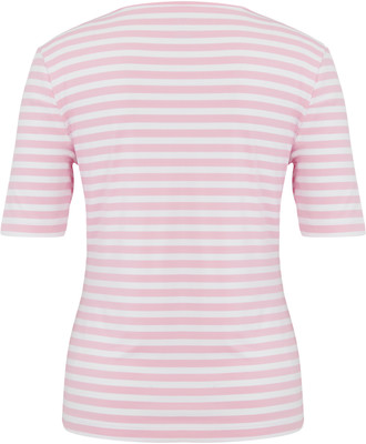 Damen-T-Shirt mit kurzen Ärmeln und rosa Streifen. Damen-T-Shirt mit kurzen Ärmeln und rosa Streifen.